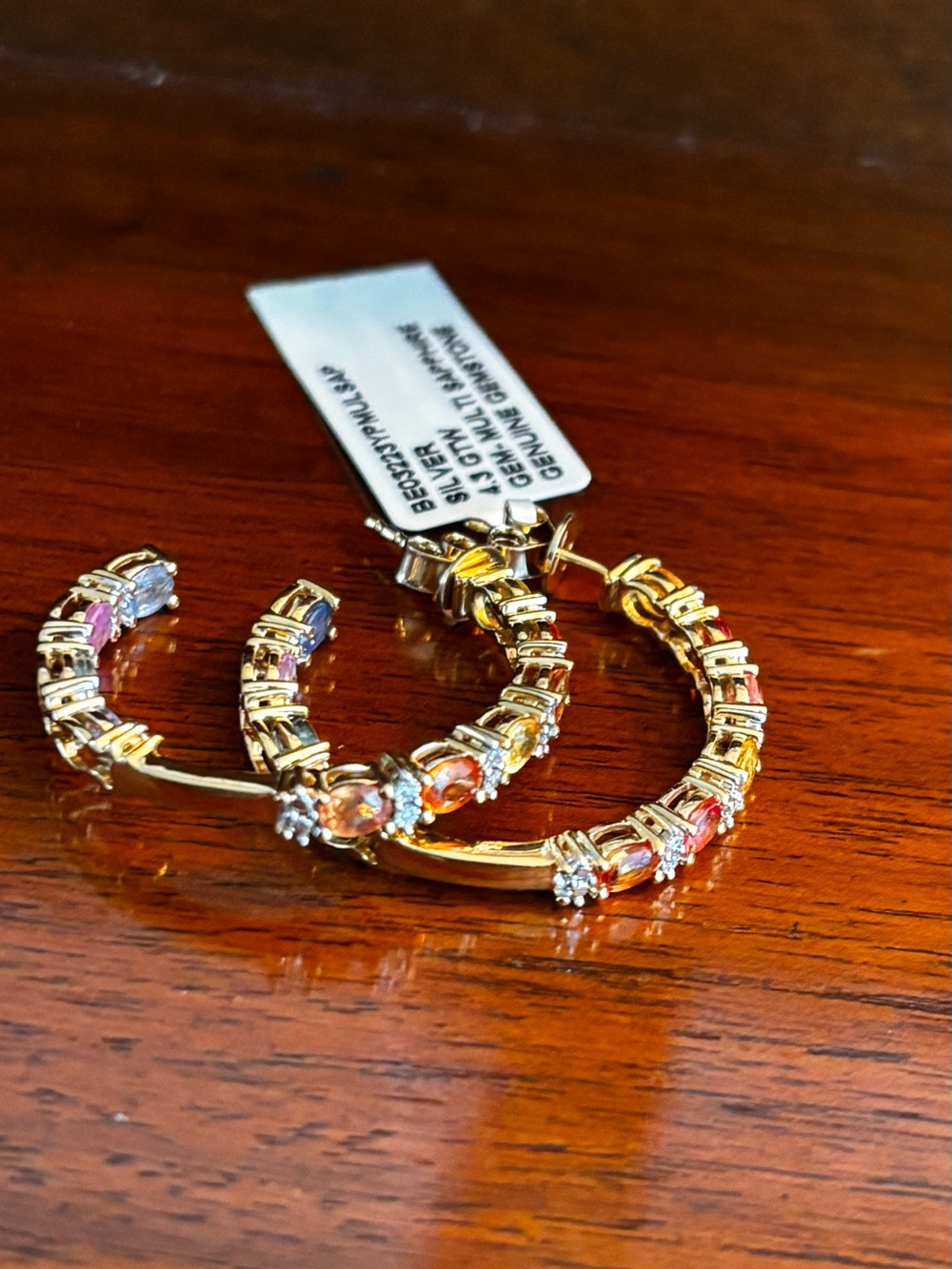 Gold-Tone Multicolor sapphire Hoop Earrings - Women Jewelry - Picture 6 of 7